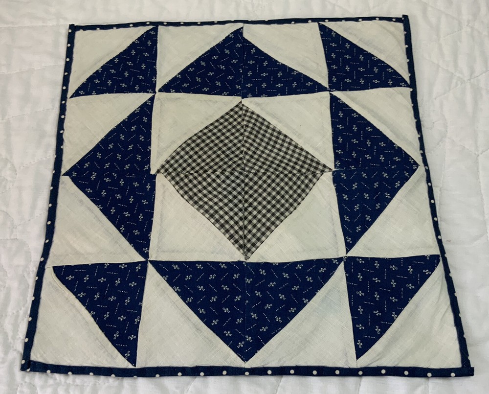 Vintage Patchwork Quilt Table Topper, Triangles, Early 1900’s, Navy, White