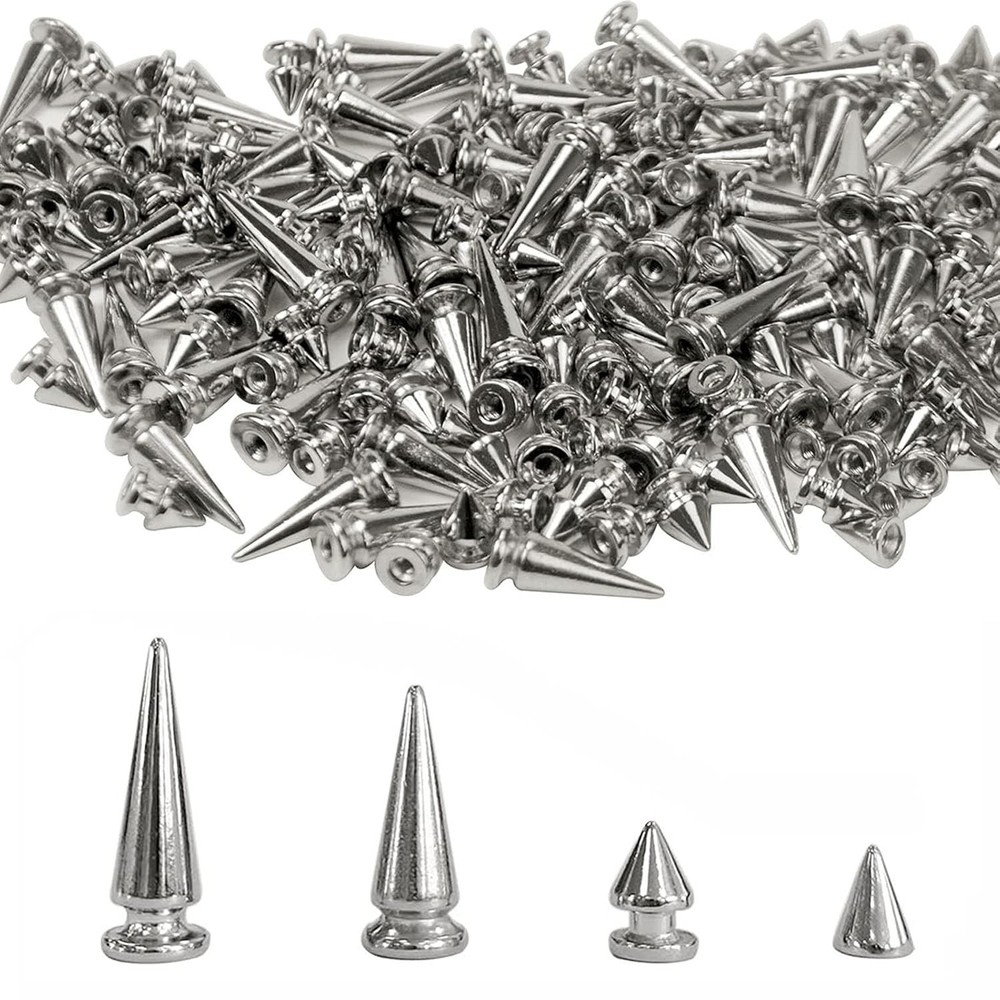 200 Sets Silver Cone Spikes Multiple Sizes Screw Back Studs Punk Rock Bullet ...