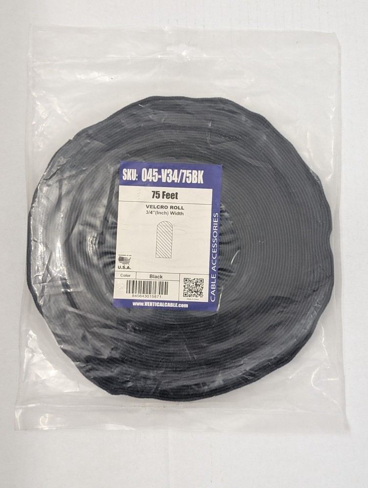 Vertical Cable 045-V12/75BK 75ft Hook and Loop Cable Tie Roll 1/2" Wide - 22.8m