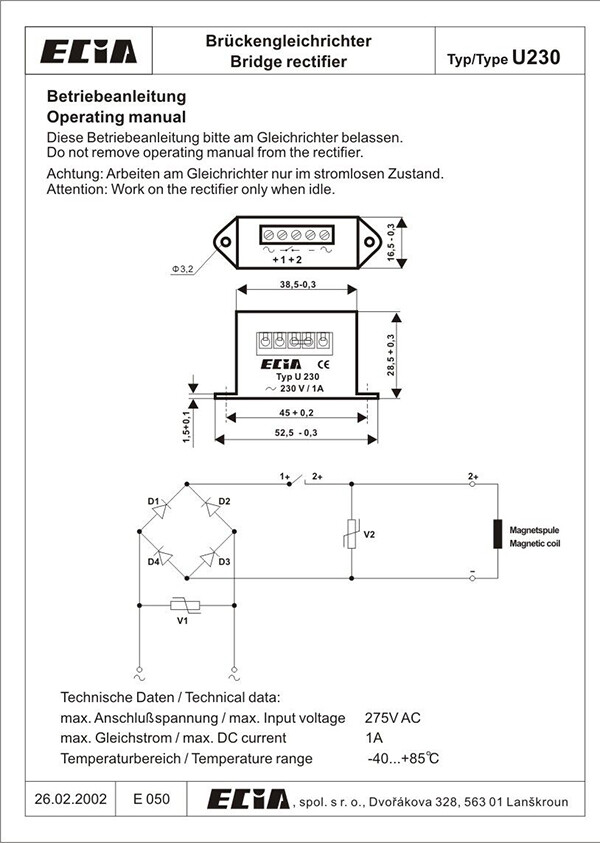 REPLACE ECIA TYP U230 230V/1A Brake Rectifier Power Supply Brake Module