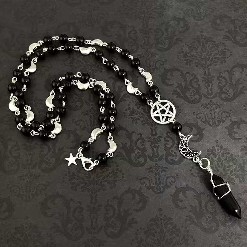 Gothic Rosary Pagan Prayer Beads Moon Black Onyx Stone Pentagram Necklace