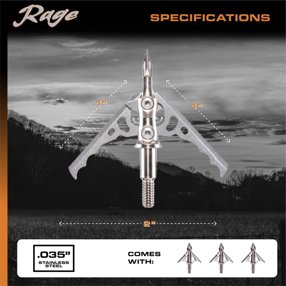 Rage Hypodermic 2-Blade Crossbow NC Broadhead, 100 Grain, Silver, 3 Pack