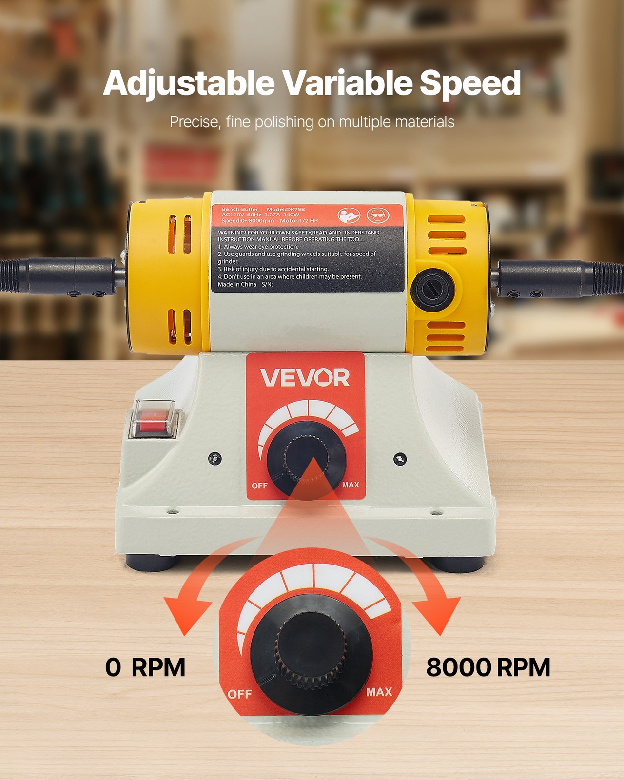 VEVOR 1/2HP Bench Buffer Polisher 0 to 8000RPM with 3-inch & 4-inch Wheels