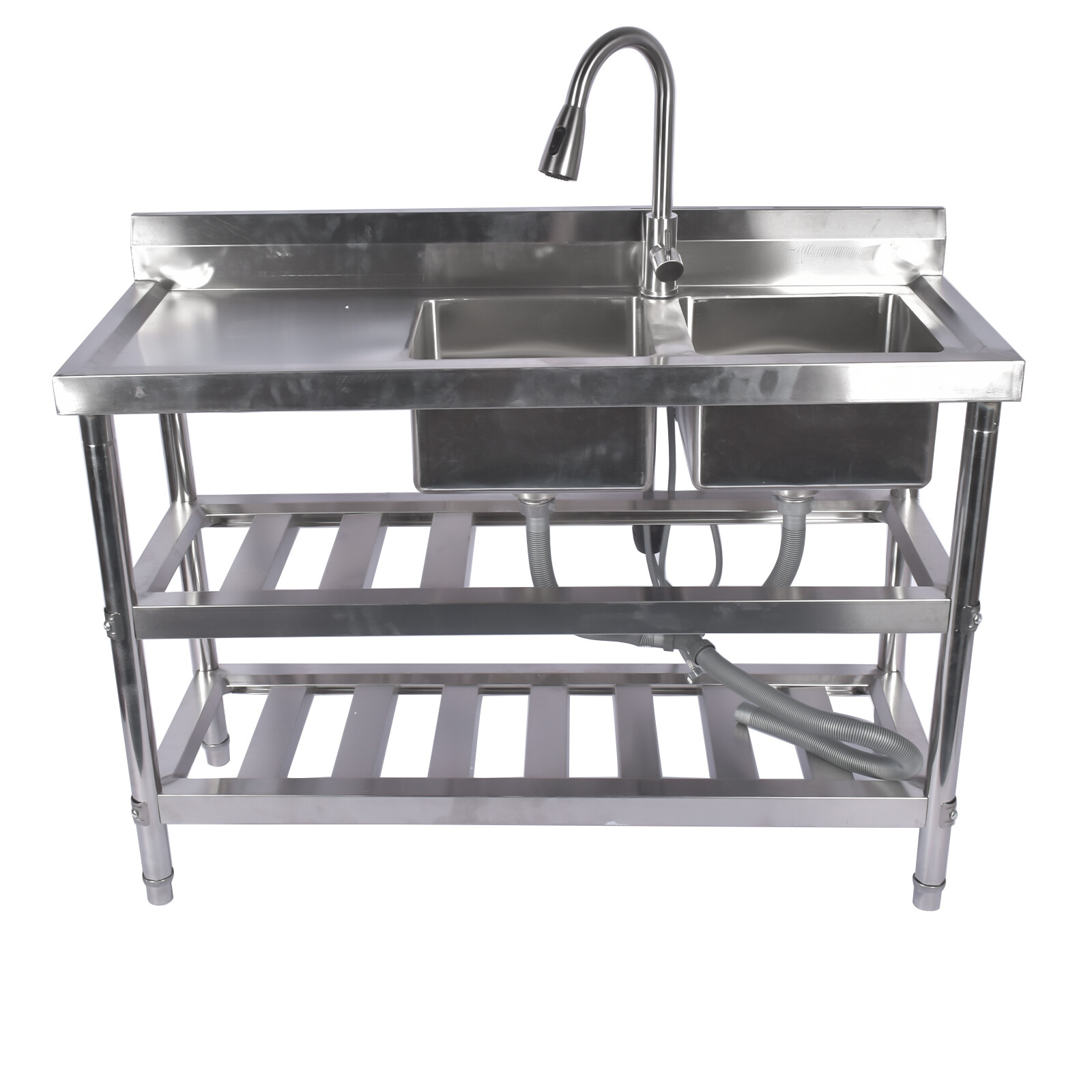 47.2" Stainless Steel Double Bowl Utility Sink with Pull-Out Faucet & Drainboard