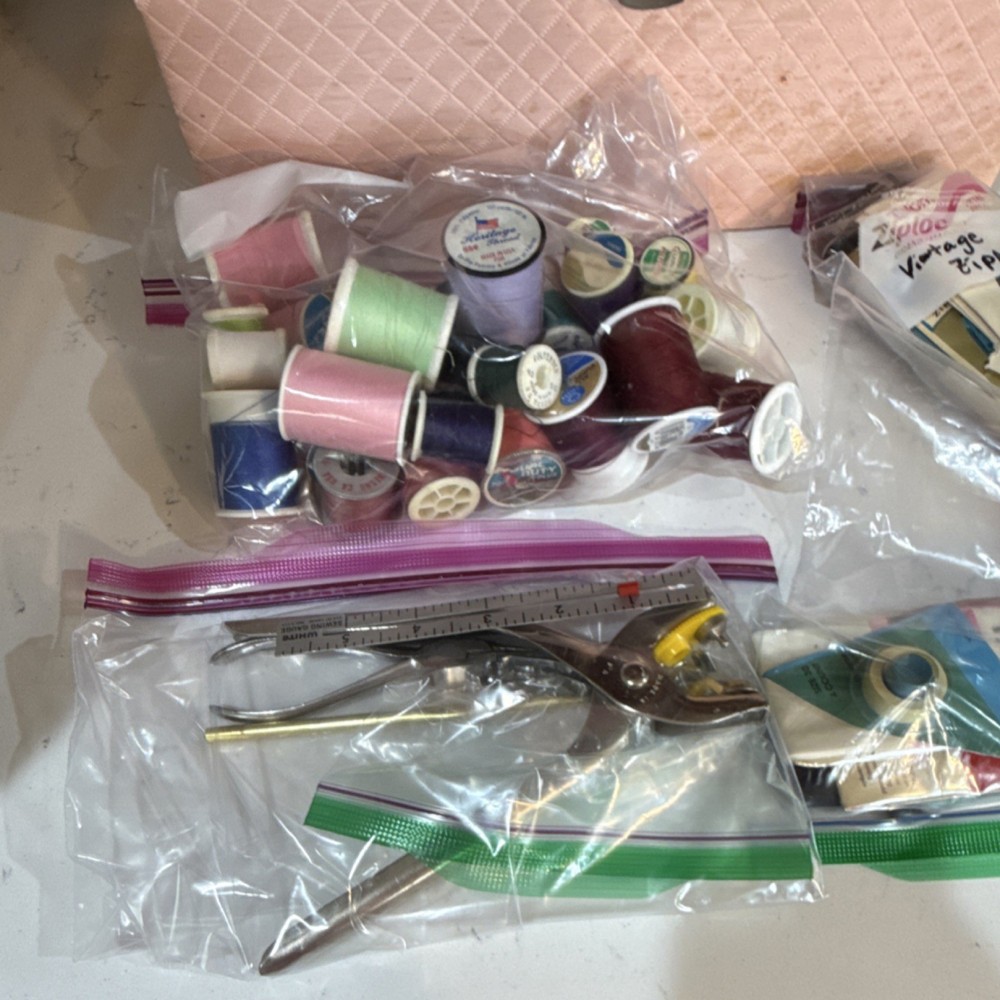 Vintage Assorted Sewing Supplies with Pink Box