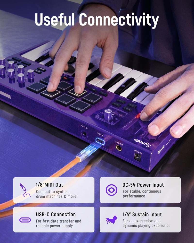 USB C MIDI Keyboard Controller 25 Keys with 8 Backlit Drum Pads, OLED Screen,...
