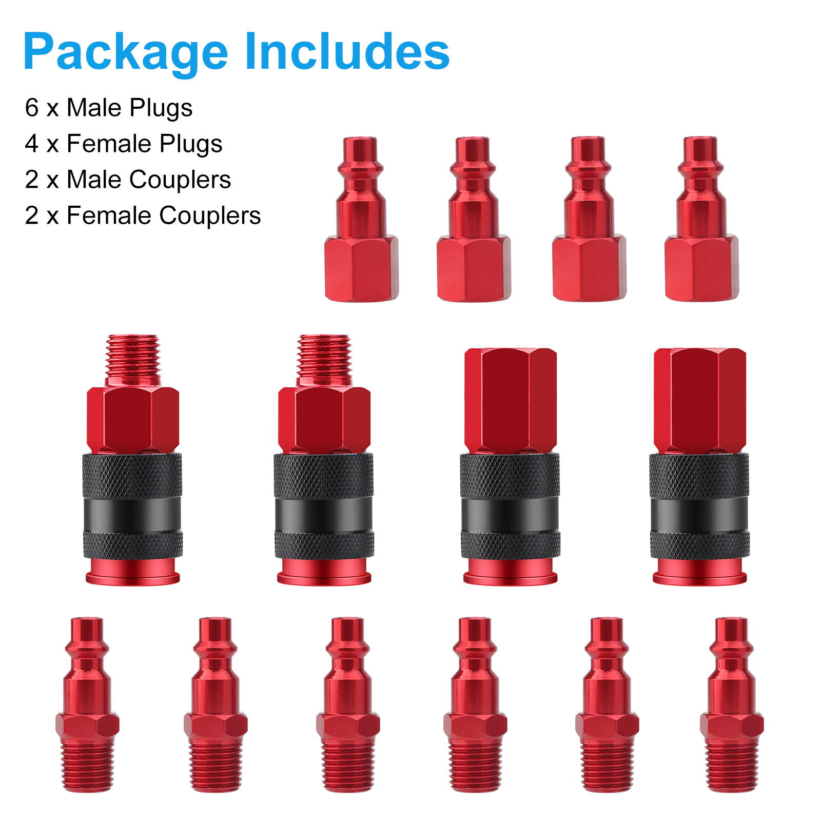 14pcs Air Hose Fittings, 1/4" NPT Quick Connect Air Coupler and Plug Kit Red