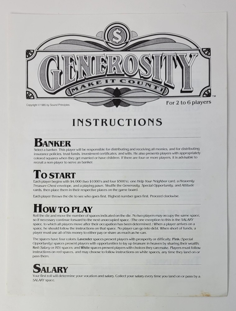 Vintage "Generosity Make It Count!" Christian Values Game 1985 Ed Complete Set