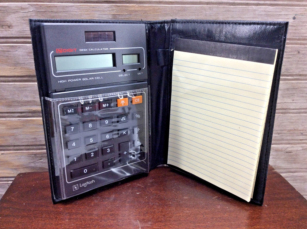 Logitech Solar Calculator Adjustable Head Soft Folding Case Notepad Vintage NOS
