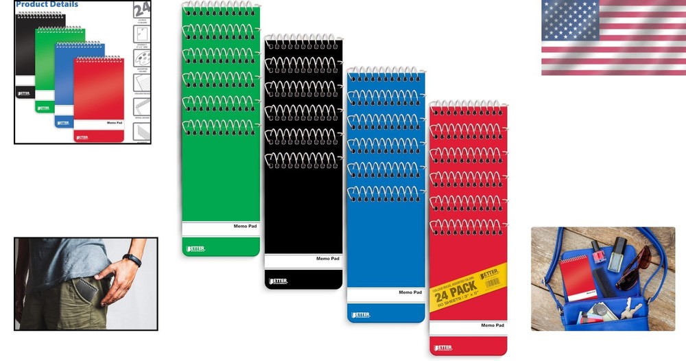 Assorted Solid Colors Spiral Memo Pads, 24 Pack