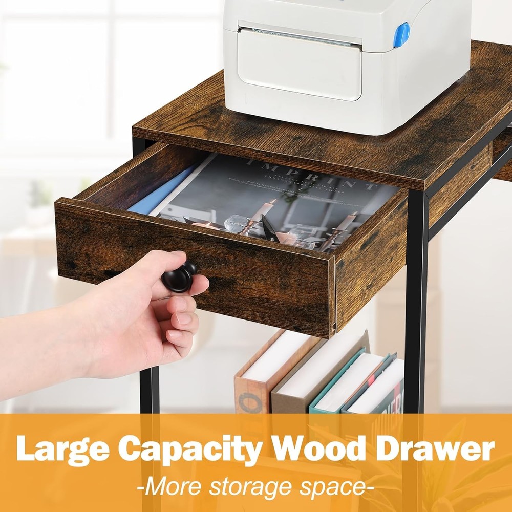 Printer Stand w/Storage Drawer Rolling Printer Table Desk w/Charging Station