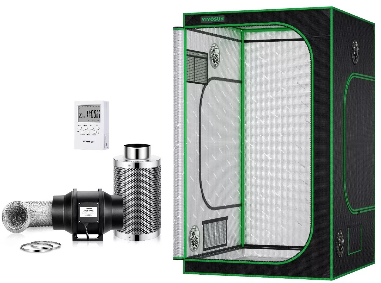VIVOSUN Indoor Grow Tent 4'x4' Non toxic Mylar W/4" Inline fan kit,7-day Timmer
