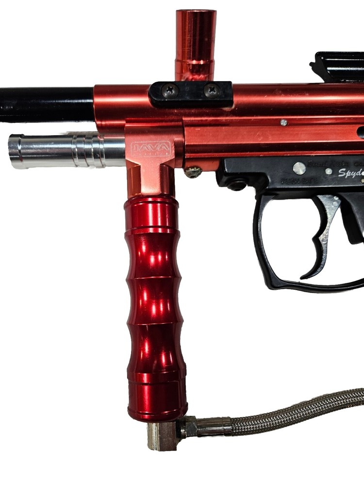 Red Java Spyder Compact Deluxe Paintball Gun & Barrel + Gas Thru Vertical Grip