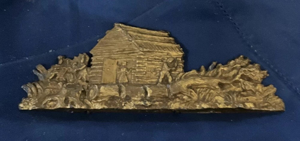 Small Bronze Pediment Intricate  Scene W/fallen tree,  Cabin/Indians.