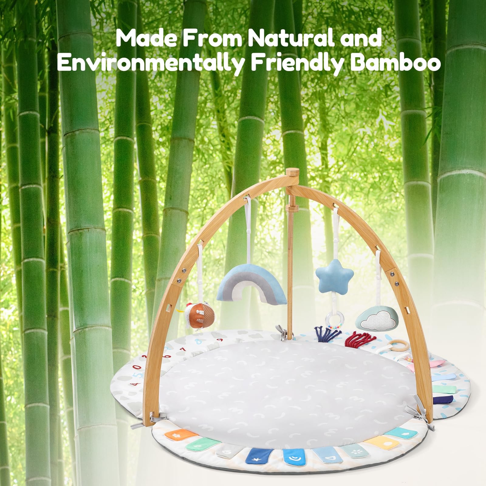 Baby Play Gym & Activity Mat,Natural Organic Bamboo Frame with 4 Detachable S...