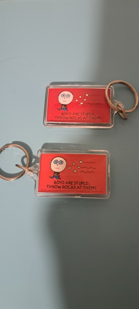 1-David & Goliath Keychain- Boys Are Stupid Throw Rocks At Them circa 2000