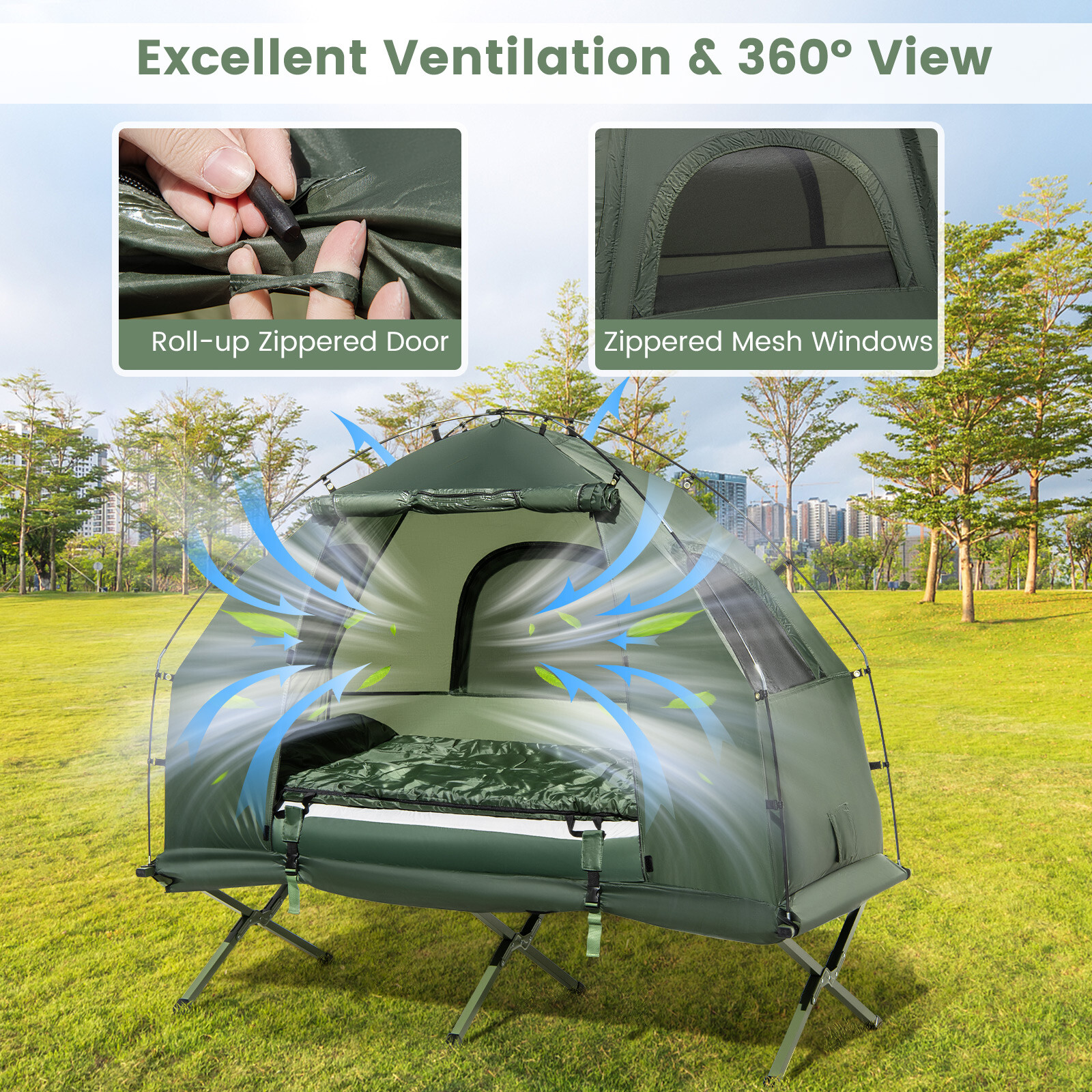 1-Person Waterproof Camping Tent Cot with Air Mattress, Pillow, Sleeping Bag