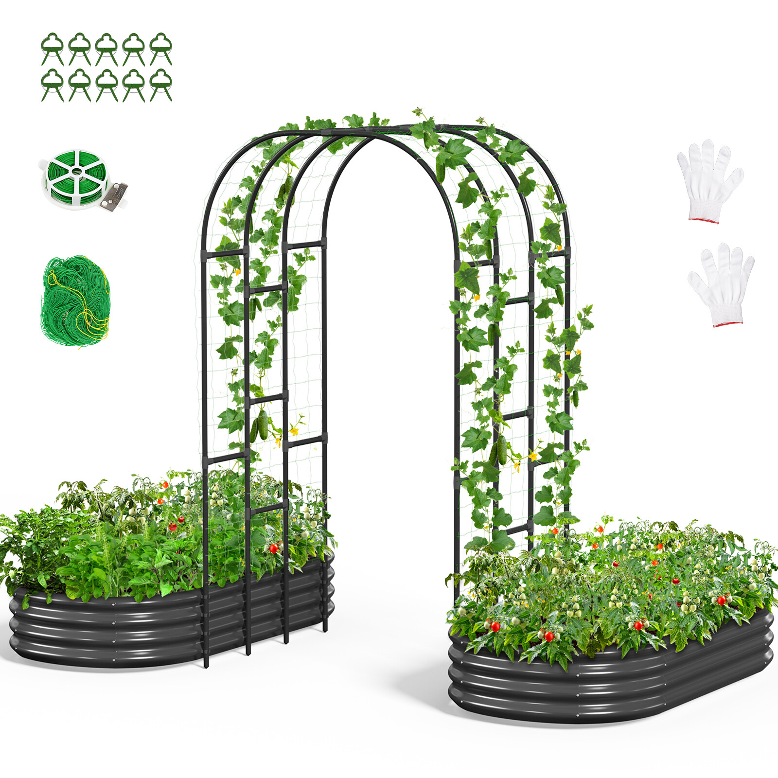 SLSY Galvanized Raised Garden Bed with 85in Tall Garden Trellis for Vegetables