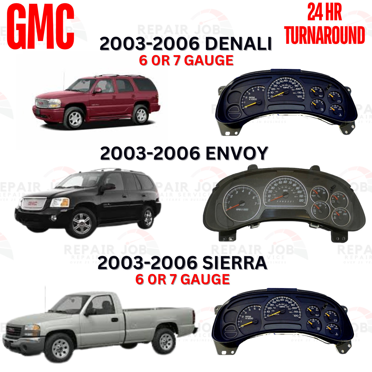 03-07 GM Chevy Sierra Silverado Tahoe Dash Cluster Full Rebuild Repair Service .