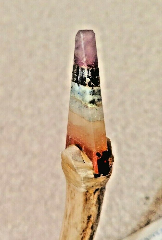 Rainbow Geode Arrowhead Multi Colored Primitive Antler Tine Handle Knife