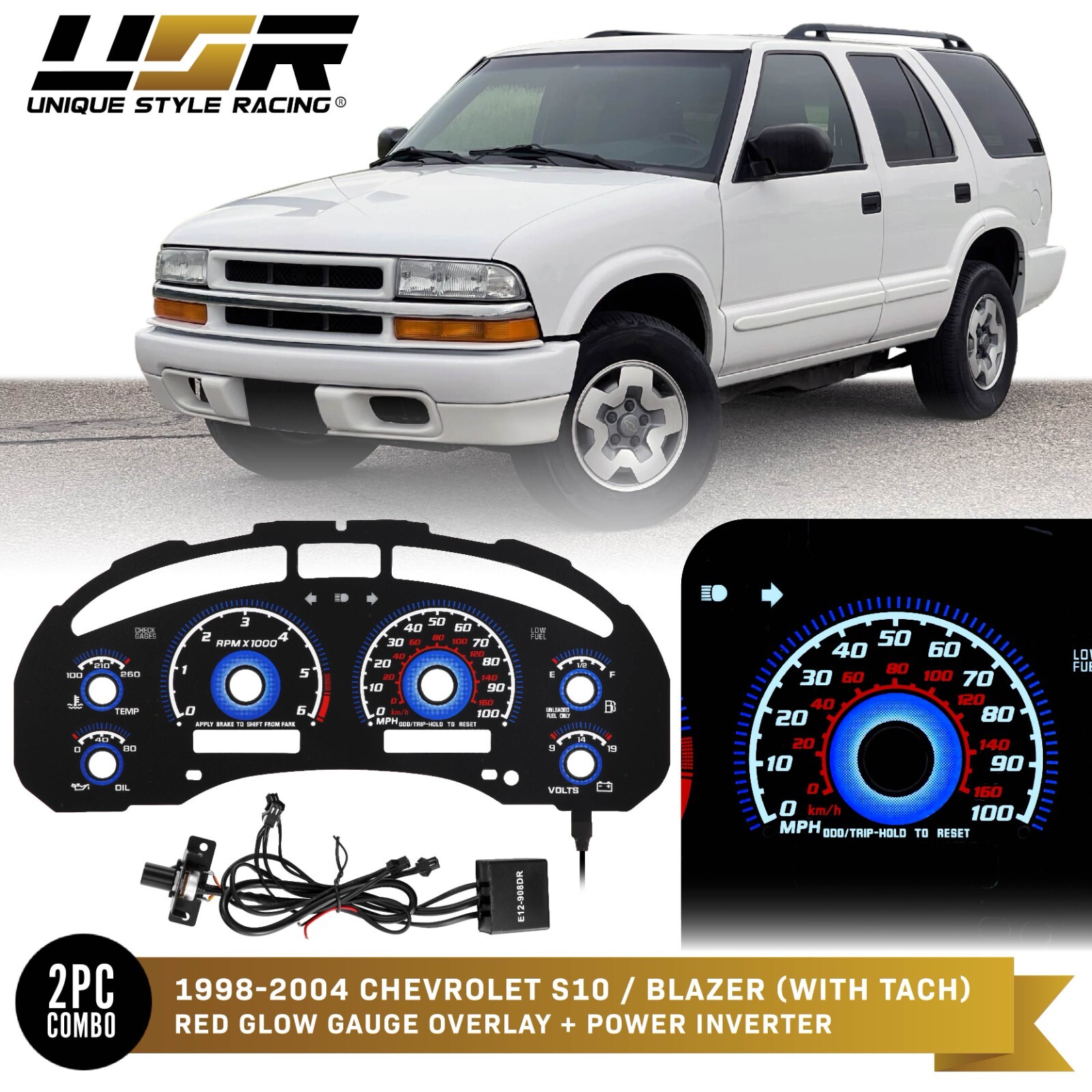 BLUE Glow Gauge Black Overlay For 98-04 Chevy S10/Blazer TACH Instrument Cluster