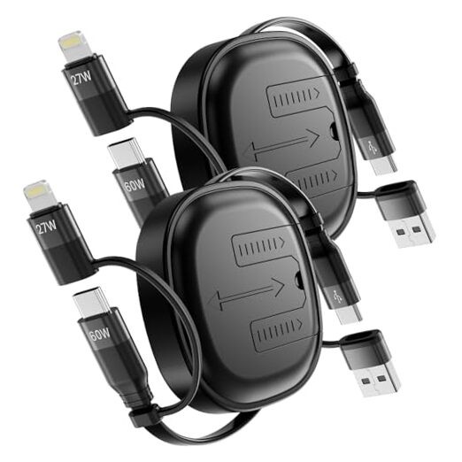 Multi Charging Cable, 2Pack 5 in 1 Retractable Lightning Charger Cable 60W