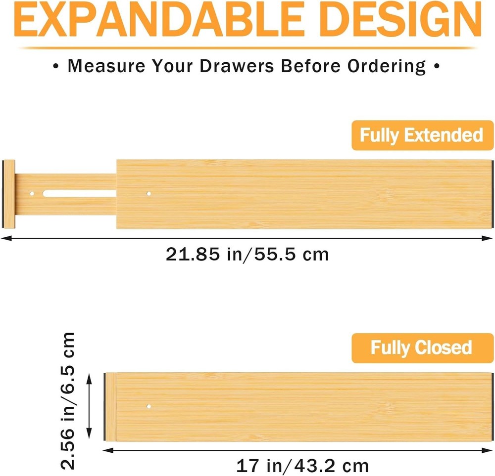 Expandable Bamboo Drawer Separators, Adjustable for Clothes & Utensils - 4 Pack