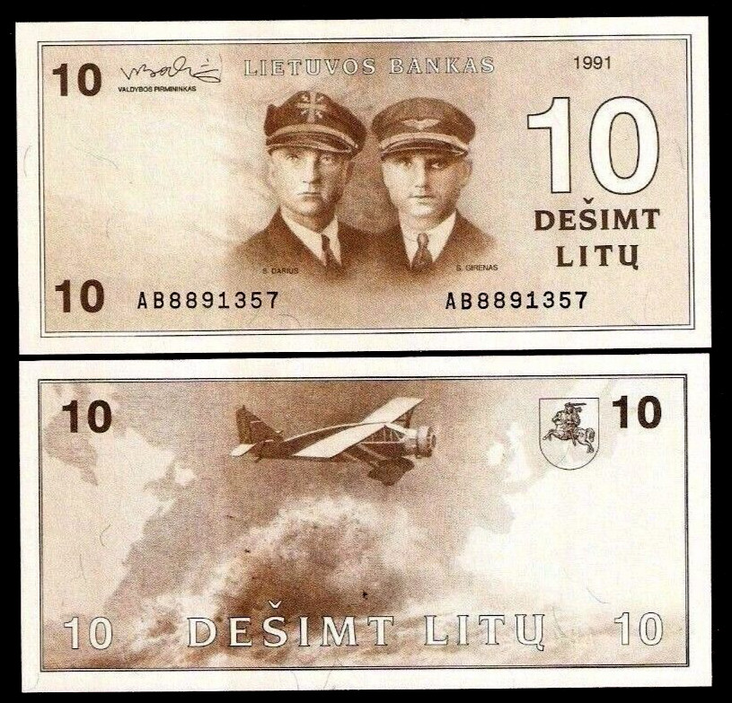 Lithuania 10 Litu P-47 B 1991 ERROR "accent dot on E" PILOT UNC CURRENCY NOTE