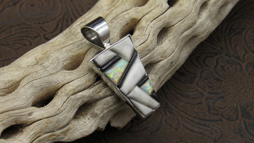 *White Magnesite Lab Created Opal Sterling Silver Geometric Shaped Pendant+