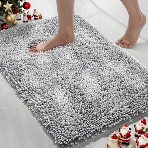 Chenille Bathroom Rugs Non Slip, Extra Solid 24" x 17" Rectangular Light Grey