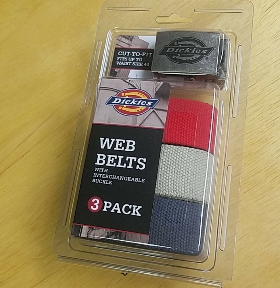 NEW- Dickies 3 Pack Web Belts Adjustable Size Range S-XL Colors Red, Navy & Tan