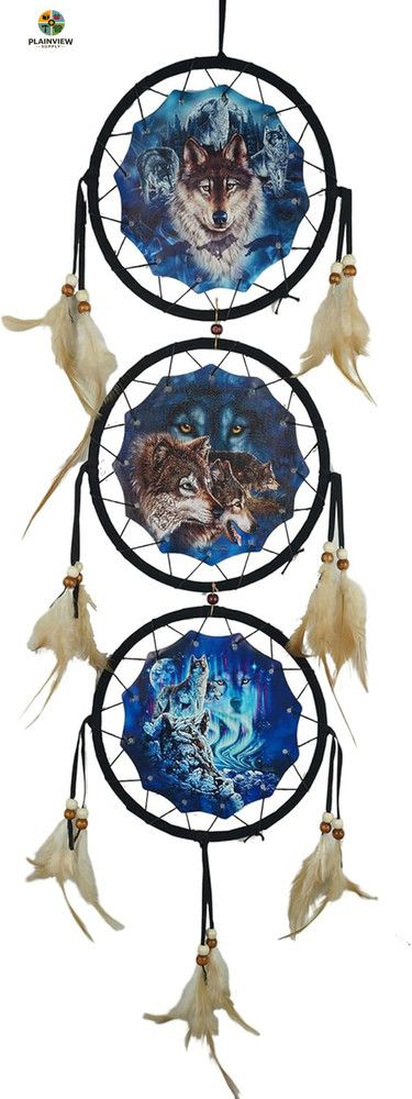 Remorelt Wolf Dream Catchers，3-Layer Circle Wall Hanging with Different Wolf Art