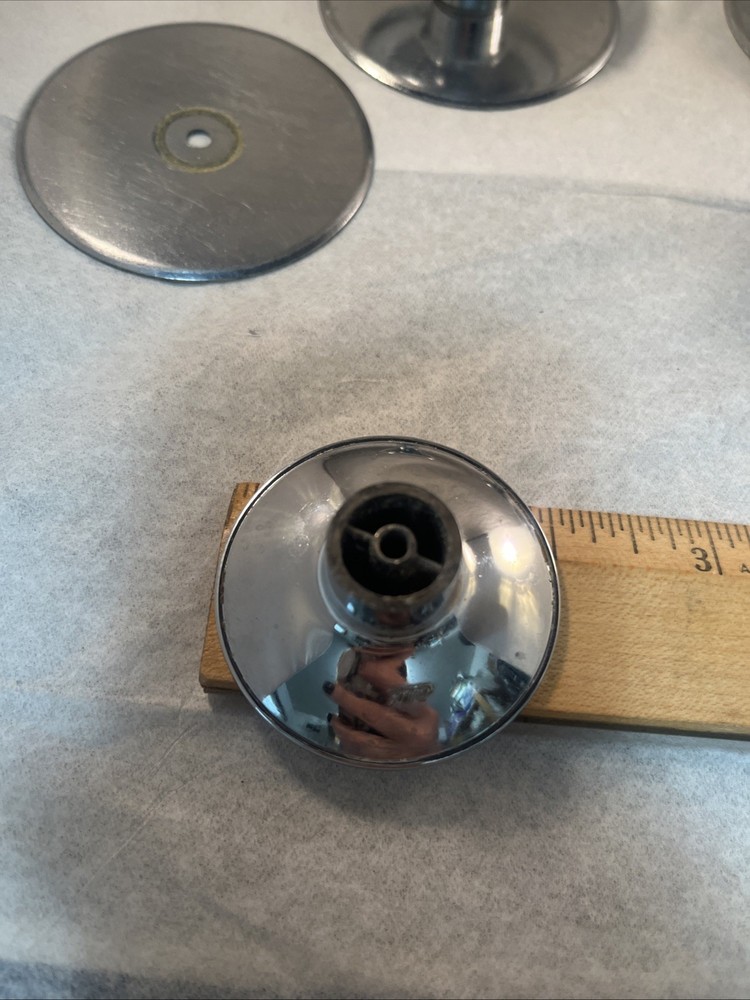 4 Vintage 1960s AJAX Shiny Chrome Beveled Concave 2" Round Knobs & Back Plates