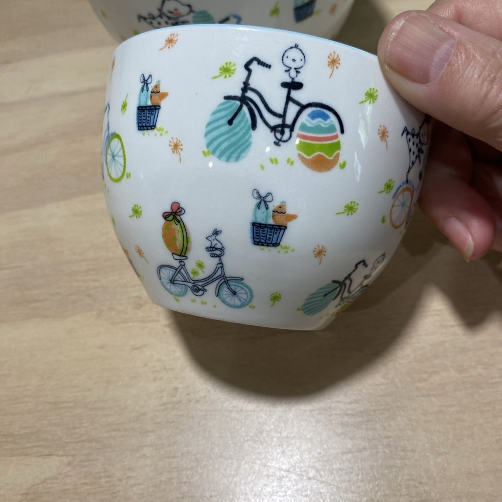 2 Easter bowls " Easter Bicycles" stoneware 5" and 4”