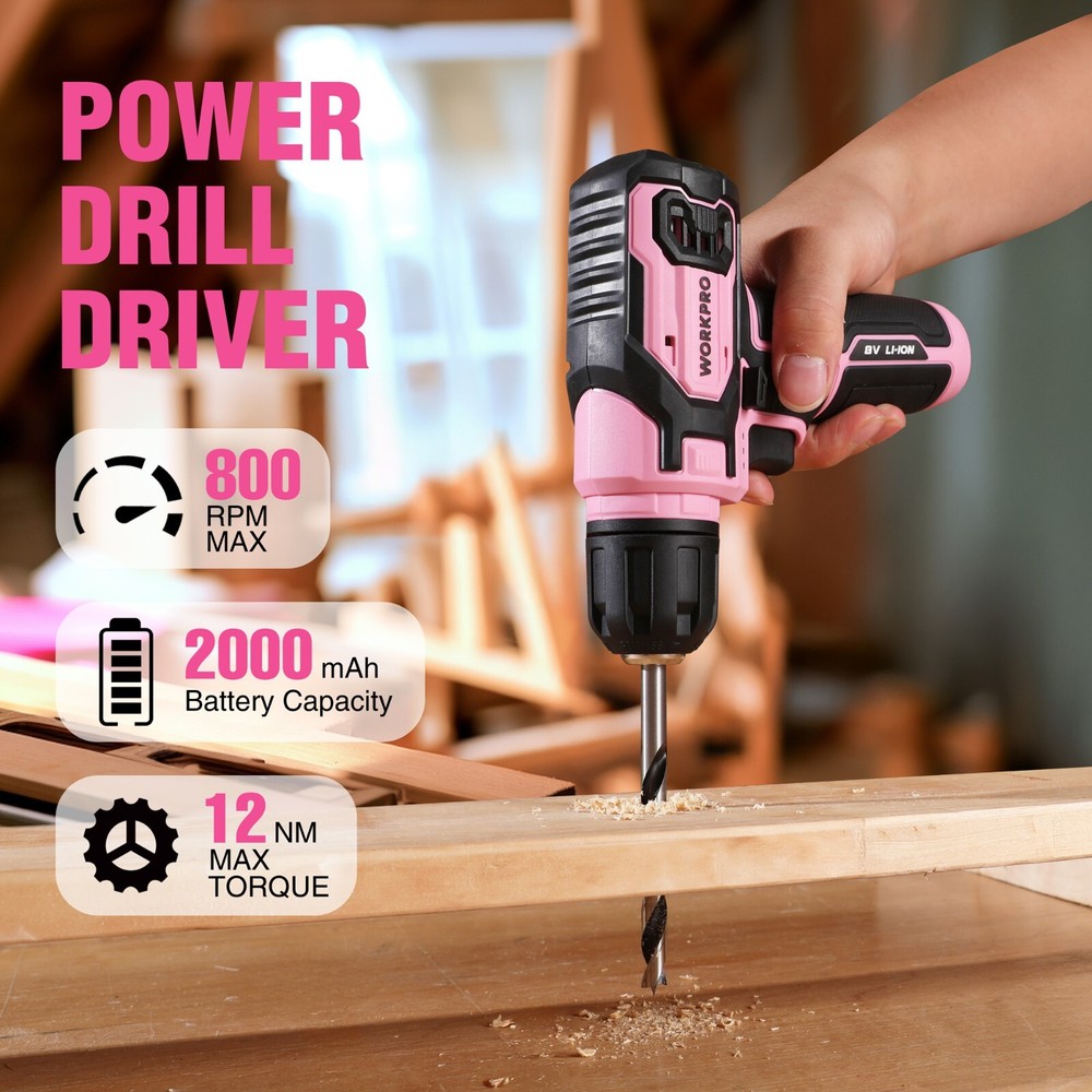 WORKPRO Power Drill Set&Stackable Tool Box, 8V Cordless Drill Driver Pink /Gray