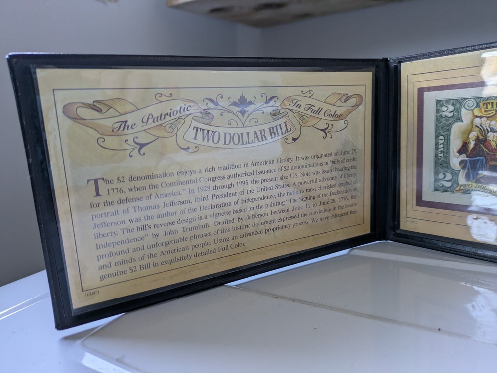 Colorized Genuine Two Dollar US Bill with Holder