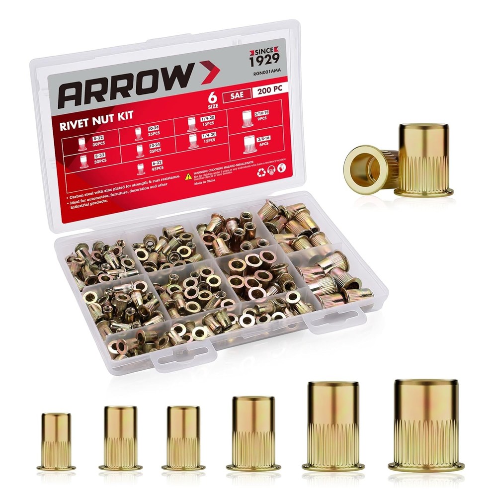 Arrow 200PC Rivet Nut Kit Rivnut Assortment Kit FlatHead Threaded Insert Nutsert