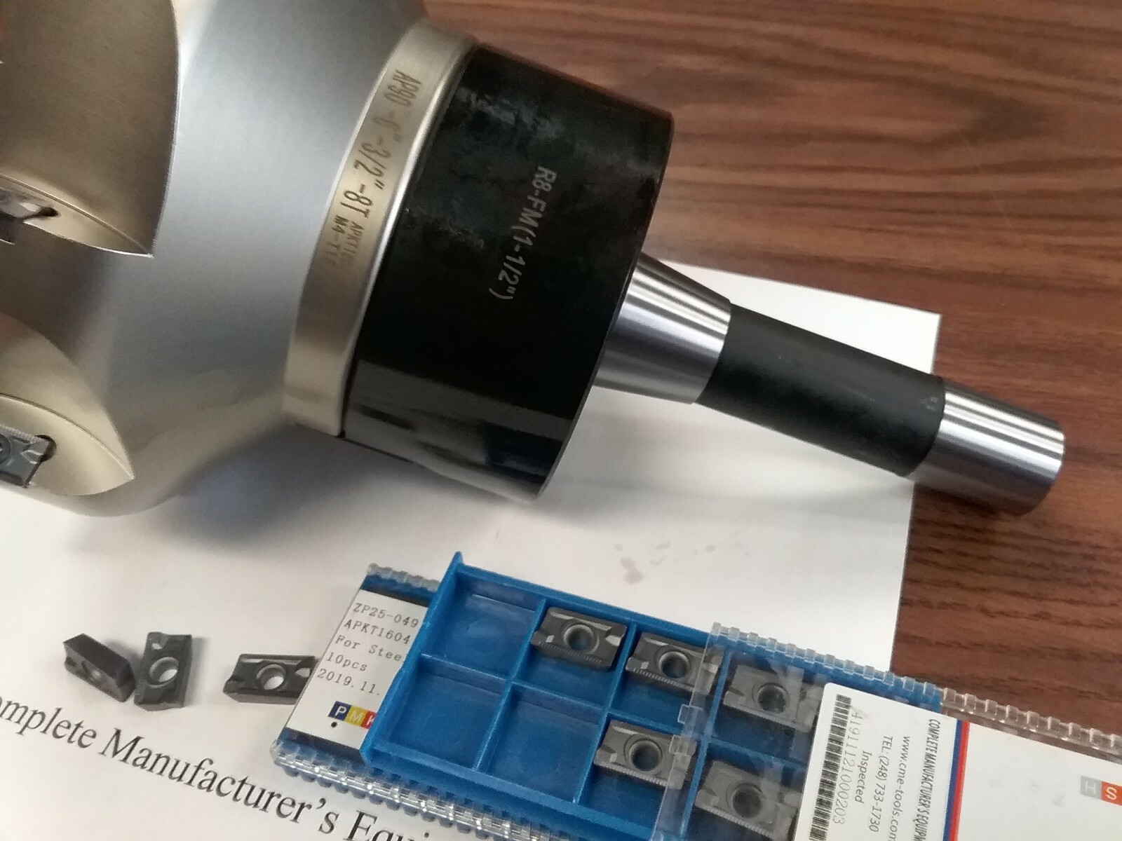 6" 90 degree indexable face shell mill & 20 extra APKT1604 inserts w. R8 arbor