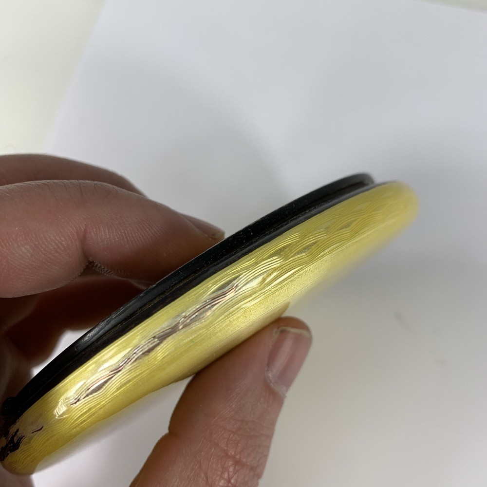 Fine Quality German Solid “935” Silver Yellow Guilloche Enamel Compact 10.5cm