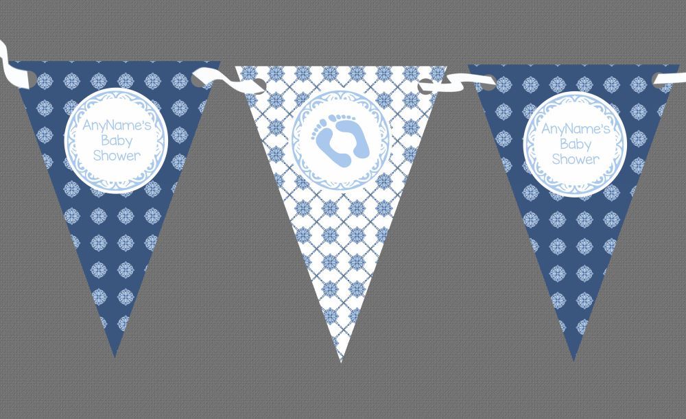 Blue Pretty Patterns Personalised Baby Shower Bunting
