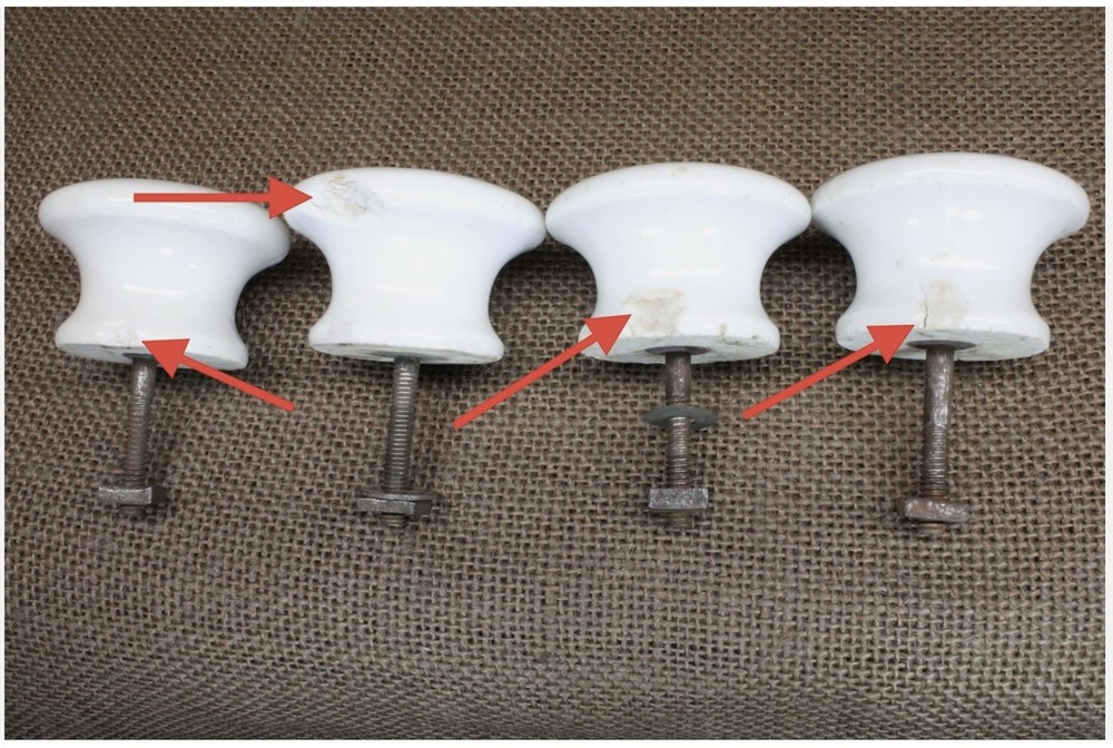 4 Old Knobs 2” Drawer Pulls Door White Porcelain 1800's Square Nuts Vintage CHIP