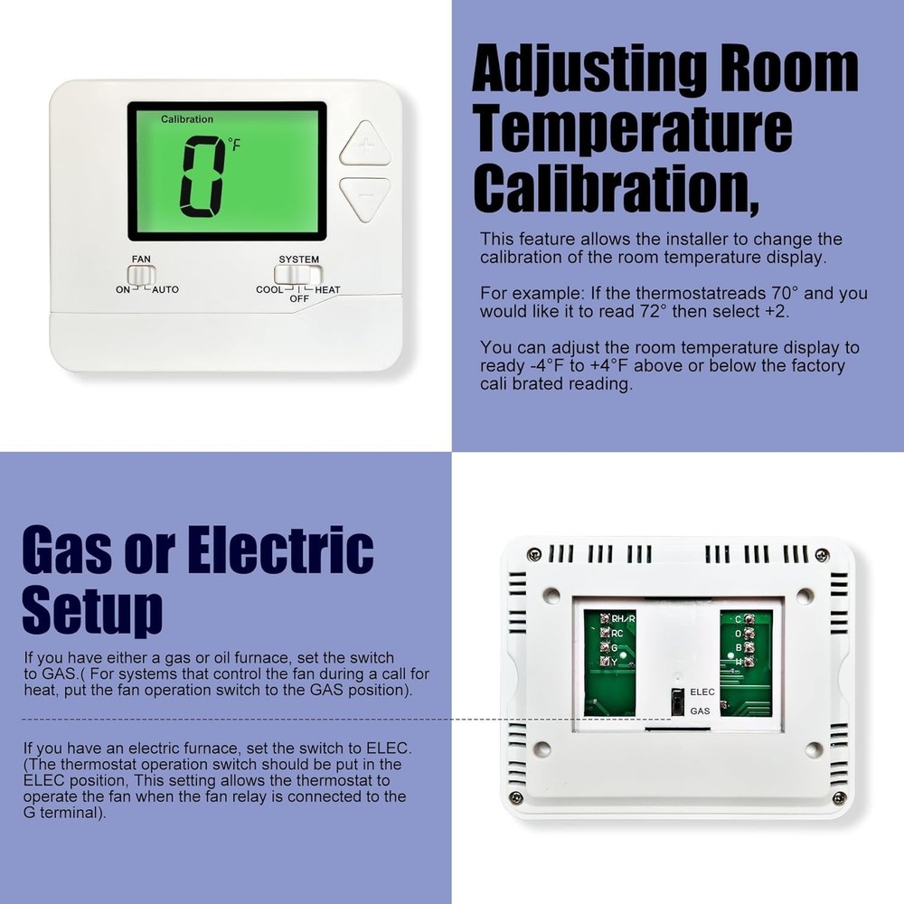 Non-Programmable Thermostat for Single-Stage HVAC Systems with Green Backlight