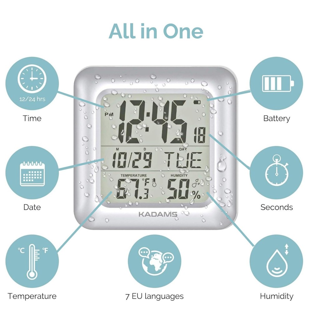 KADAMS Bathroom Clock 9.5" Kitchen Wall Clock with Large LCD Screen – Show