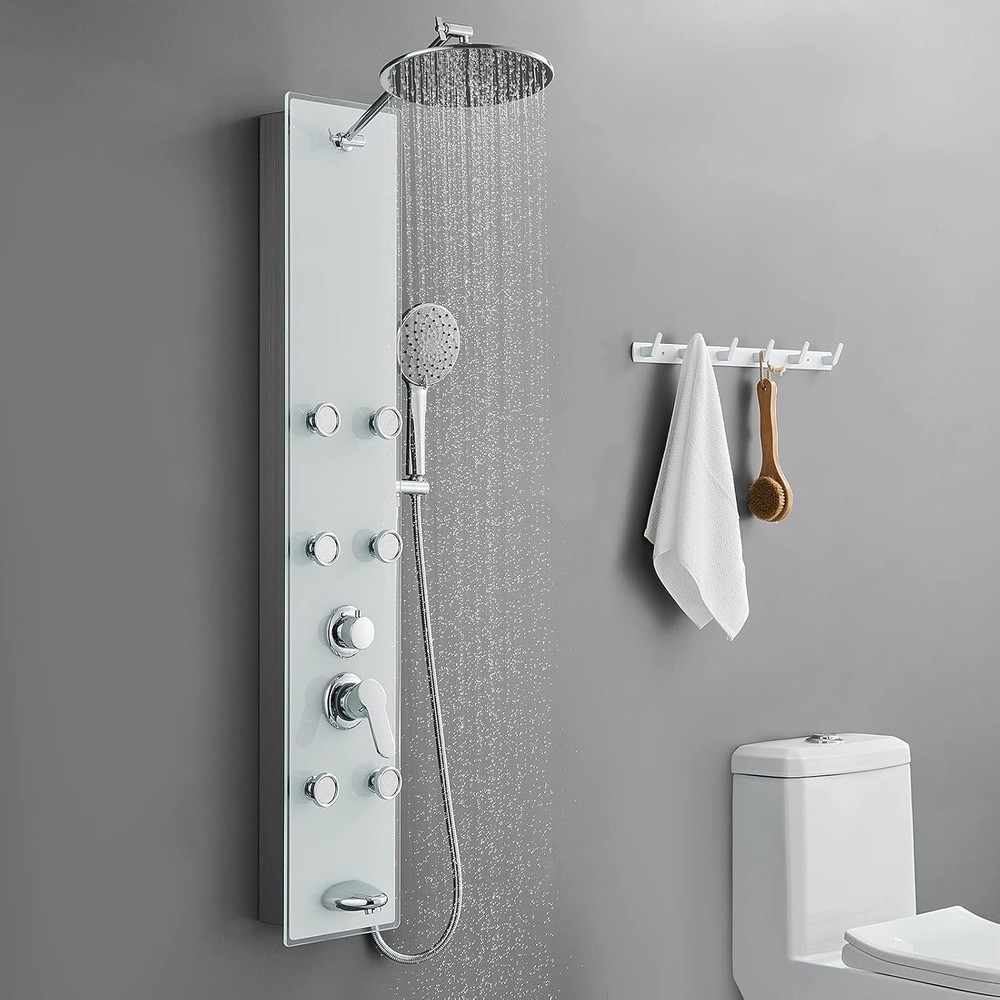 Luxury Tempered Glass Shower Panel Tower with 6 Adjustable Jets & Rainfall Head