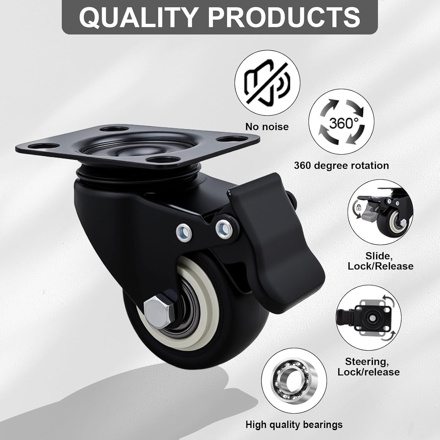 2 Inch Wheel Casters,Set of 4 Heavy Duty Casters,with Brake,No Noise Locking Pol