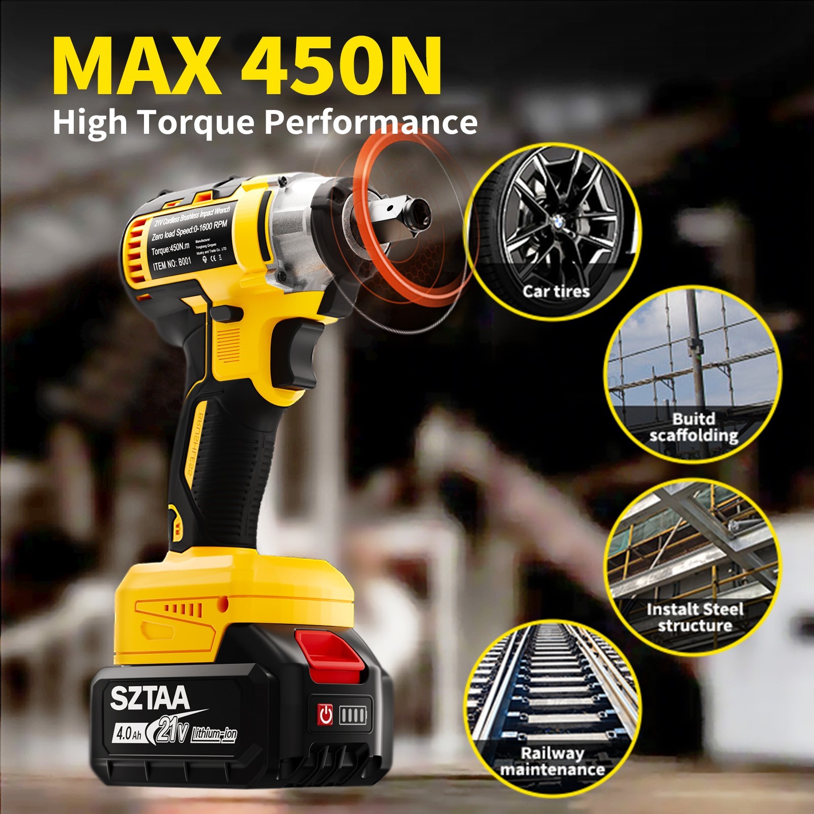 Cordless Impact Wrench 450Nm Power Tool, Lug Nut Removal, DIY Garage Tool​