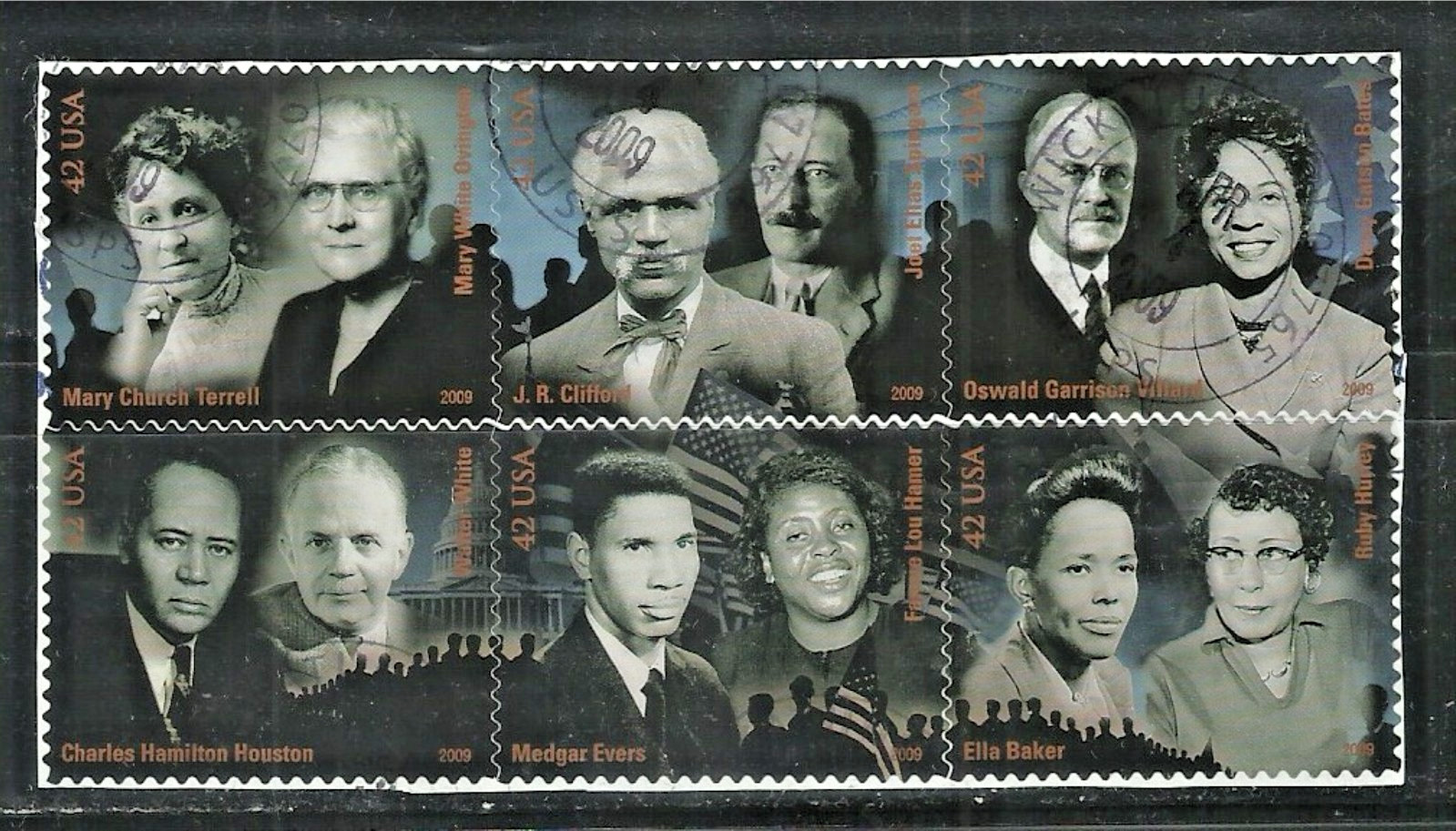 USA Stamps: 2009 Civil Rights Pioneers. Used Block of 6. On  Paper.