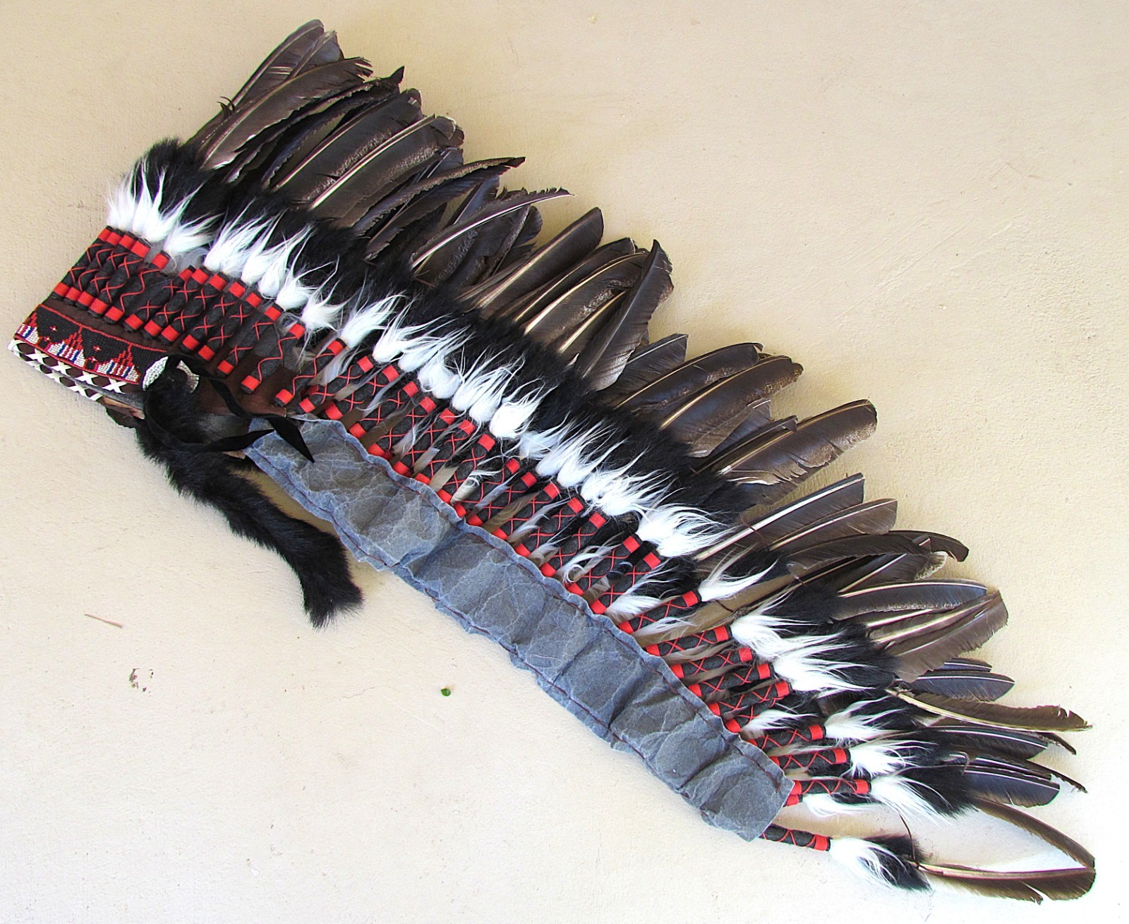 VINTAGE NATIVE AMERICAN FEATHERED & BEADED WARBONNET 34 INCHES LONG