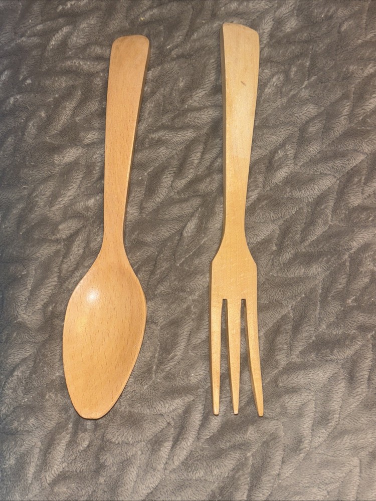 Hand Painted Wood Small Serving Fork & Spoon Set with Flowers & Plain Set 10”