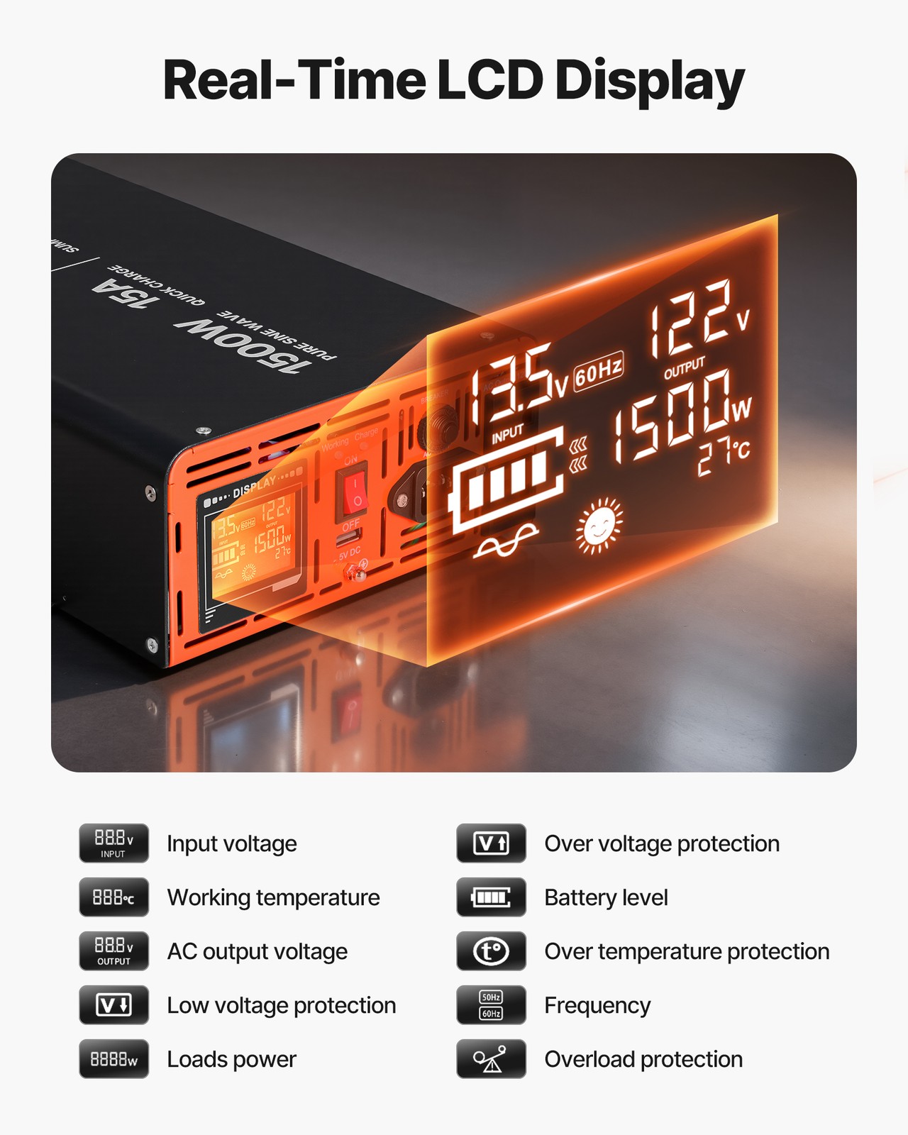 VEVOR 1500W Sump Pump Battery Backup System LCD Pure Sine Wave Power Inverter